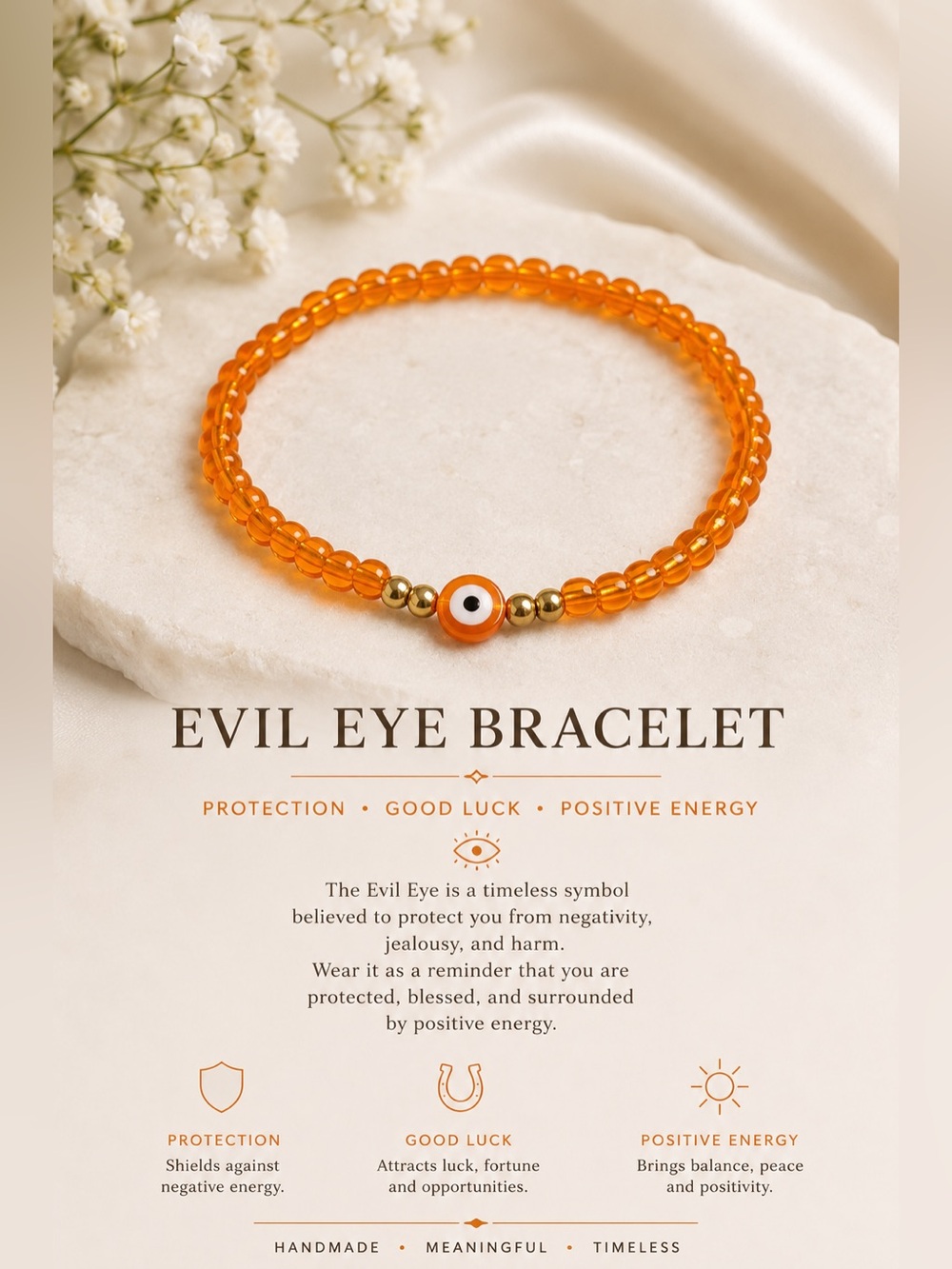 Evil Eye Orange Beaded Bracelet with Gold Accents #08